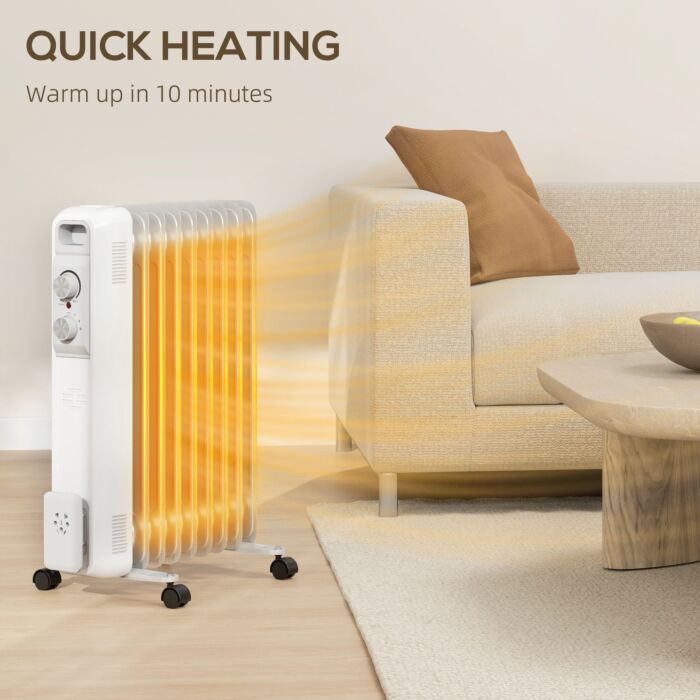 Homcom 2000w Quiet Oil Filled Radiator, 9 Fin Energy Efficient Portable Electric Heater With 3 Heat Settings, Adjustable Temperate, Safety Tip Over, Overheat Protection, Wheels, For Home, White