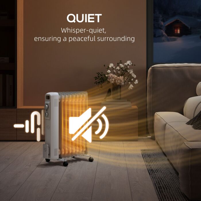 Homcom 2000w Quiet Oil Filled Radiator, 9 Fin Energy Efficient Portable Electric Heater With 3 Heat Settings, Adjustable Temperate, Safety Tip Over, Overheat Protection, Wheels, For Home, White