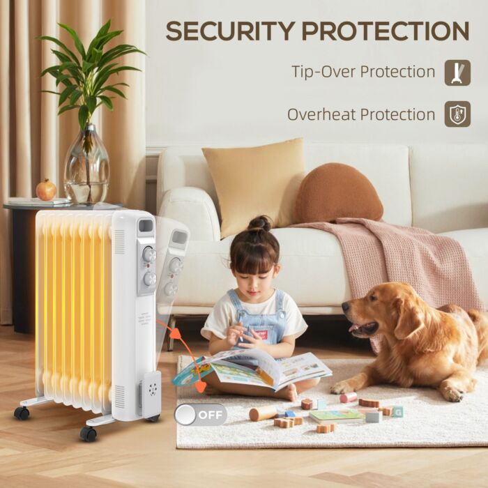 Homcom 2000w Quiet Oil Filled Radiator, 9 Fin Energy Efficient Portable Electric Heater With 3 Heat Settings, Adjustable Temperate, Safety Tip Over, Overheat Protection, Wheels, For Home, White