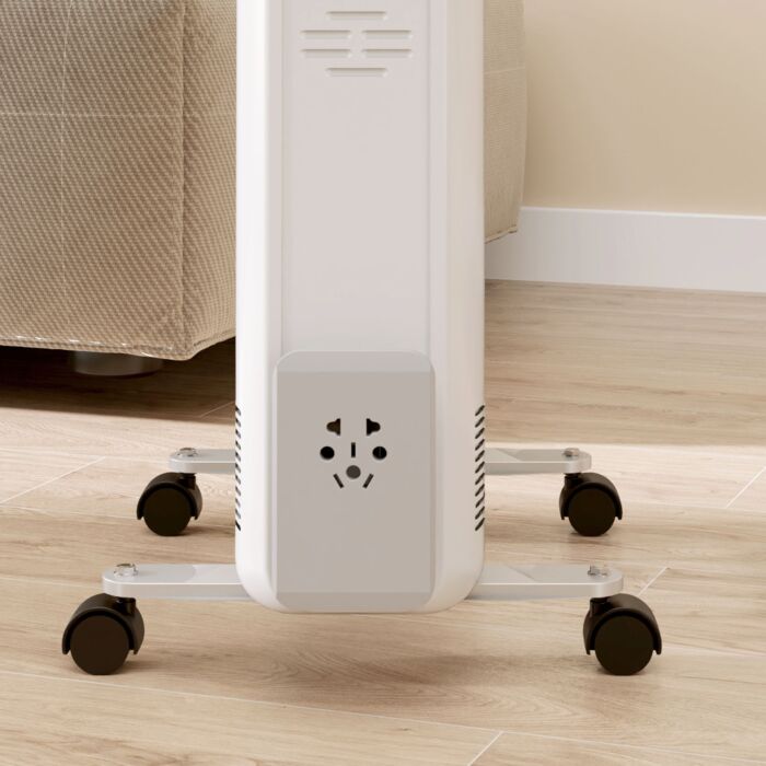 Homcom 2000w Quiet Oil Filled Radiator, 9 Fin Energy Efficient Portable Electric Heater With 3 Heat Settings, Adjustable Temperate, Safety Tip Over, Overheat Protection, Wheels, For Home, White