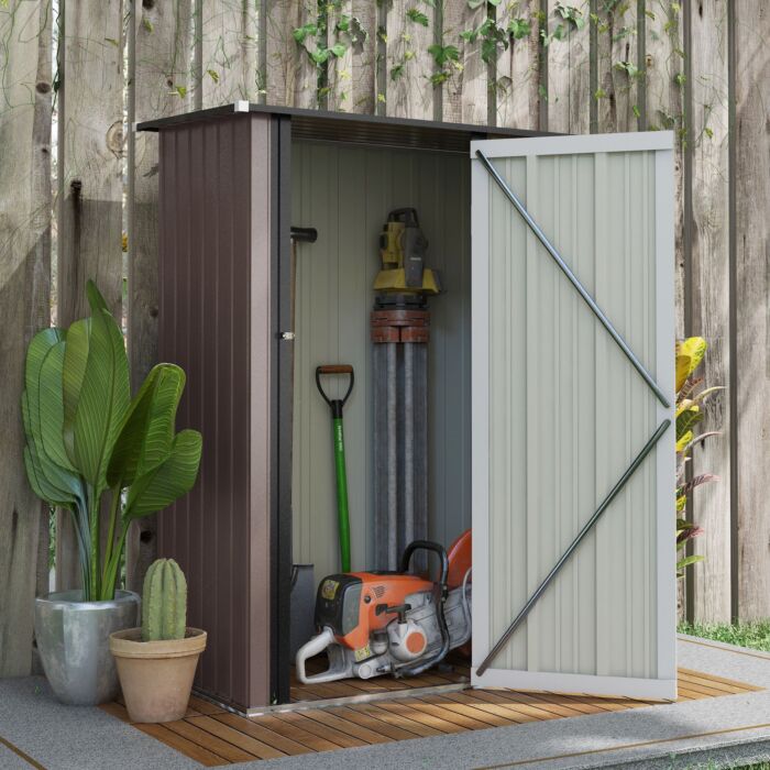 Outsunny 5ft X 3ft Garden Metal Storage Shed, Outdoor Tool Shed With Sloped Roof, Lockable Door For Equipment, Bikes, Brown