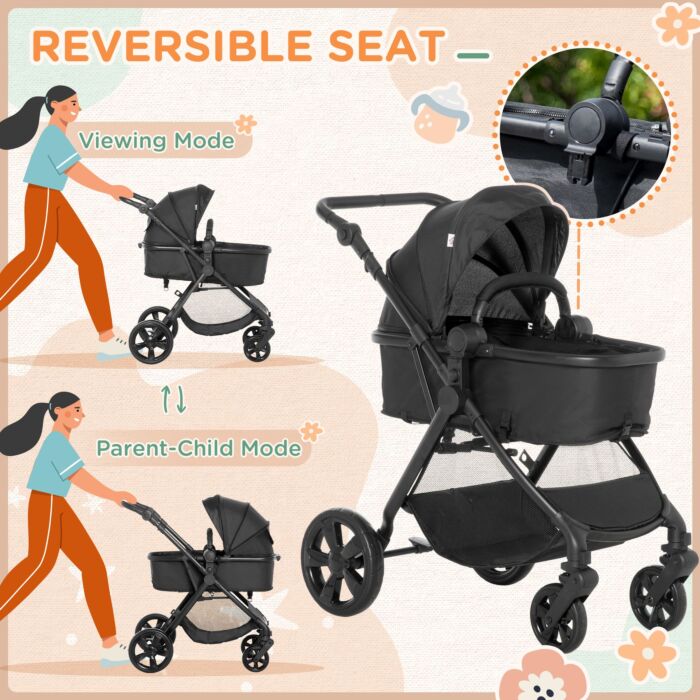 Homcom 2 In 1 Lightweight Pushchair W/ Reversible Seat, Foldable Travel Baby Stroller W/ Fully Reclining From Birth To 3 Years, 5-point Harness Black