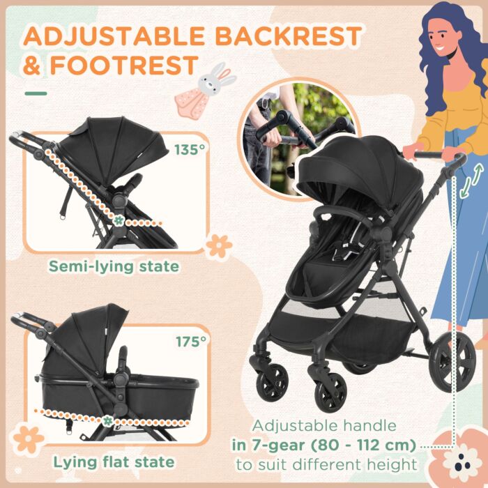 Homcom 2 In 1 Lightweight Pushchair W/ Reversible Seat, Foldable Travel Baby Stroller W/ Fully Reclining From Birth To 3 Years, 5-point Harness Black