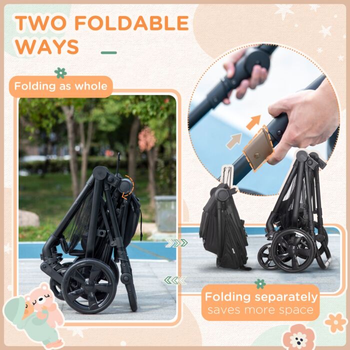 Homcom 2 In 1 Lightweight Pushchair W/ Reversible Seat, Foldable Travel Baby Stroller W/ Fully Reclining From Birth To 3 Years, 5-point Harness Black
