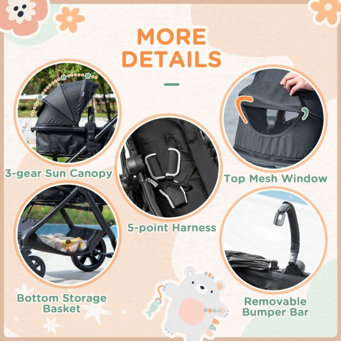 Homcom 2 In 1 Lightweight Pushchair W/ Reversible Seat, Foldable Travel Baby Stroller W/ Fully Reclining From Birth To 3 Years, 5-point Harness Black