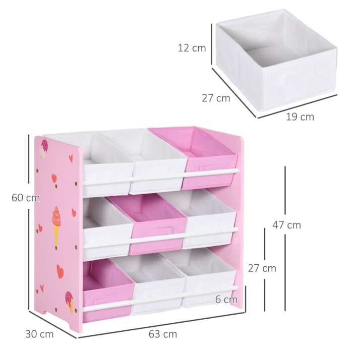 Zonekiz Kids Storage Unit With 9 Removable Storage Baskets, Toy Box Organiser With Shelf, Book Shelf For Nursery Playroom, Pink