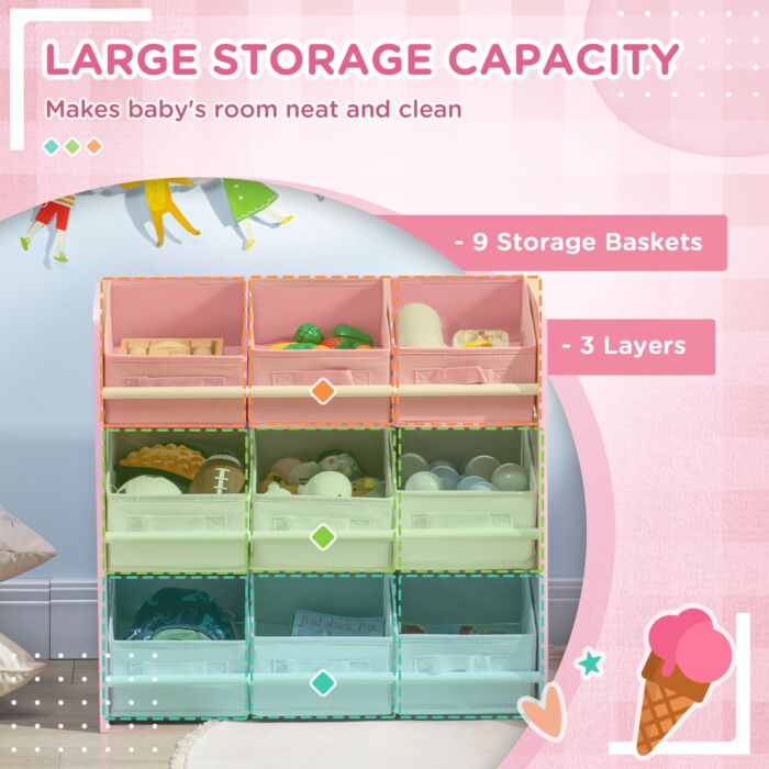 Zonekiz Kids Storage Unit With 9 Removable Storage Baskets, Toy Box Organiser With Shelf, Book Shelf For Nursery Playroom, Pink