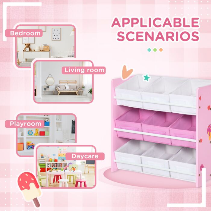 Zonekiz Kids Storage Unit With 9 Removable Storage Baskets, Toy Box Organiser With Shelf, Book Shelf For Nursery Playroom, Pink