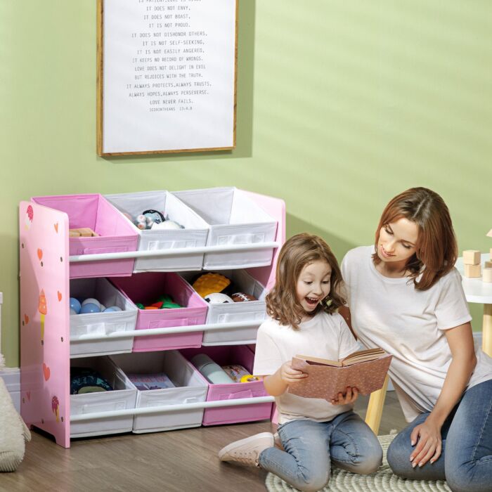 Zonekiz Kids Storage Unit With 9 Removable Storage Baskets, Toy Box Organiser With Shelf, Book Shelf For Nursery Playroom, Pink