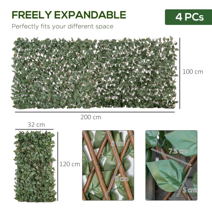 Outsunny 4 Pieces Expanding Trellis Fence, 2m X 1m Artificial Plant Fence, Decorative Trellis Garden Telescopic Hedge Privacy Screen Greenery Walls