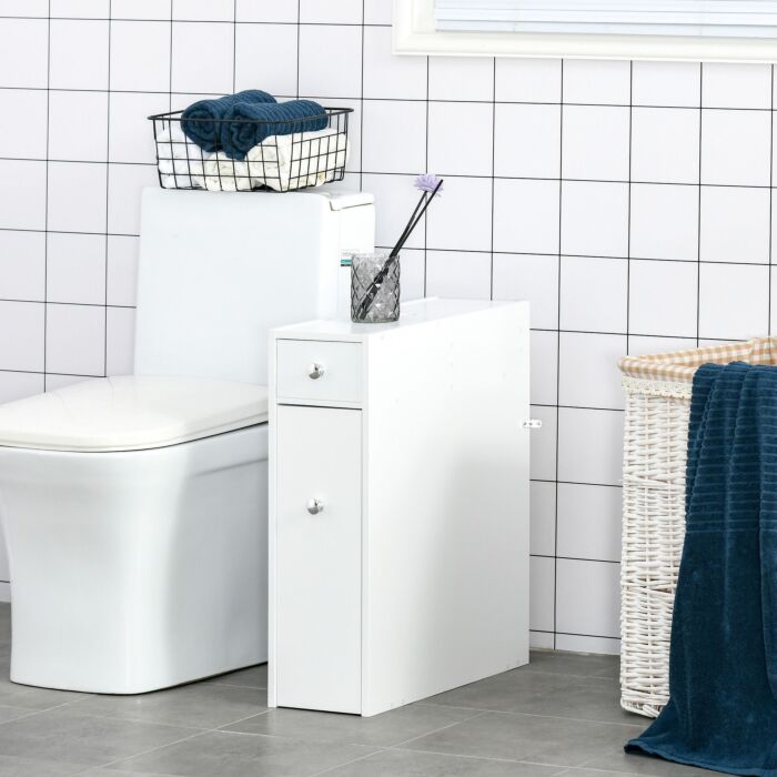 Homcom Bathroom Storage Unit, White Slimline Bathroom Cabinet, Home Bath Toilet Cupboard Organiser Unit With Drawers, White