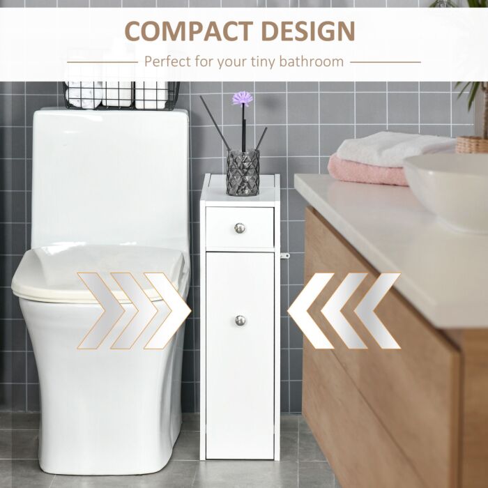 Homcom Bathroom Storage Unit, White Slimline Bathroom Cabinet, Home Bath Toilet Cupboard Organiser Unit With Drawers, White