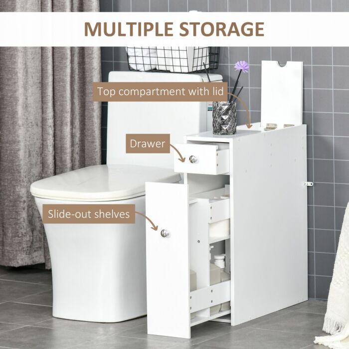 Homcom Bathroom Storage Unit, White Slimline Bathroom Cabinet, Home Bath Toilet Cupboard Organiser Unit With Drawers, White
