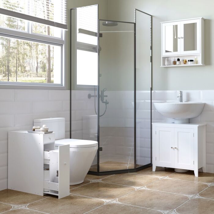 Homcom Bathroom Storage Unit, White Slimline Bathroom Cabinet, Home Bath Toilet Cupboard Organiser Unit With Drawers, White