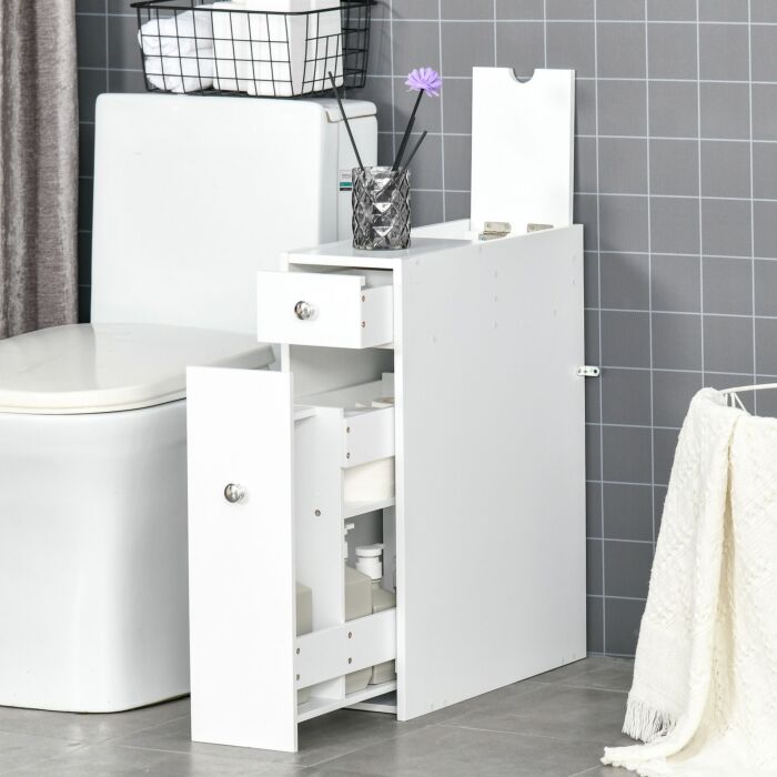 Homcom Bathroom Storage Unit, White Slimline Bathroom Cabinet, Home Bath Toilet Cupboard Organiser Unit With Drawers, White