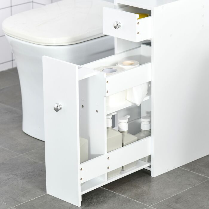Homcom Bathroom Storage Unit, White Slimline Bathroom Cabinet, Home Bath Toilet Cupboard Organiser Unit With Drawers, White