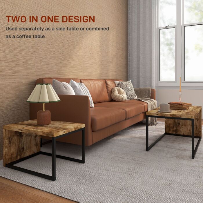 Homcom Set Of 2 Coffee Tables Industrial Style Tea Table, Side Table W/ Metal Frame For Black & Brown