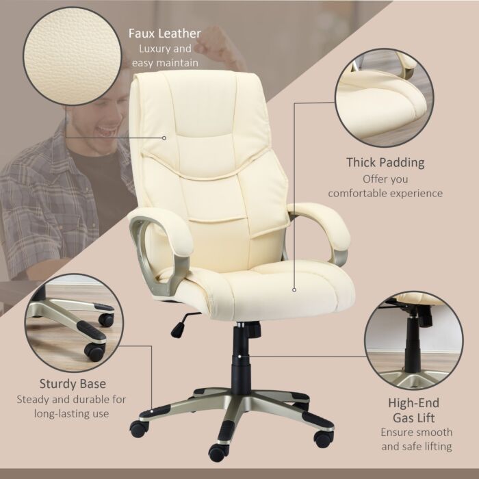 Homcom Home Office Chair High Back Computer Desk Chair With Faux Leather Adjustable Height Rocking Function Cream White