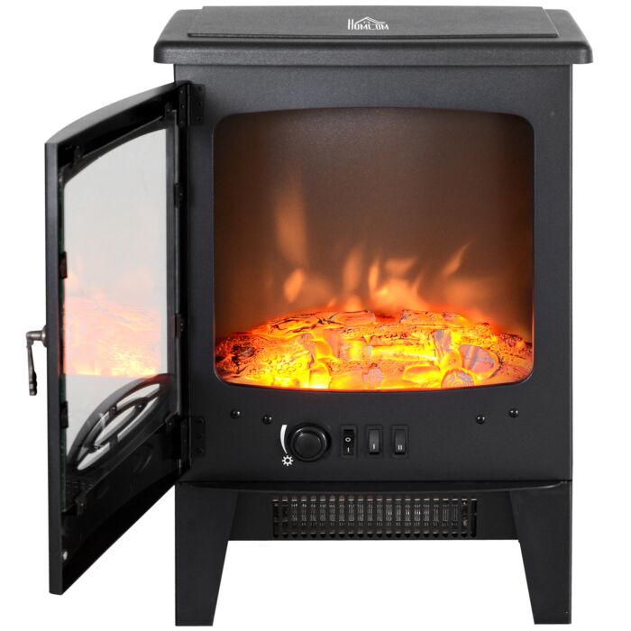 Homcom Electric Heater Freestanding Fireplace Artificial Flame Effect W/ Safety Thermostat 950w/1850w Tempered Glass Casing