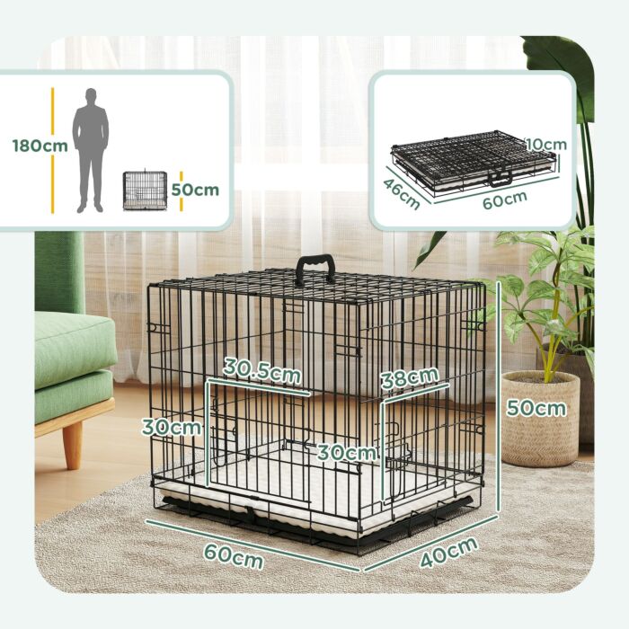 Pawhut Dog Crate With 2 Doors With Tray, Soft Cushion, Foldable Metal Dog Cage For Extra Small Dogs, 60 X 40 X 50, Black