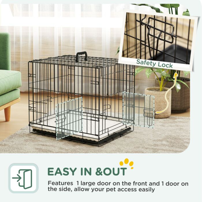 Pawhut Dog Crate With 2 Doors With Tray, Soft Cushion, Foldable Metal Dog Cage For Extra Small Dogs, 60 X 40 X 50, Black