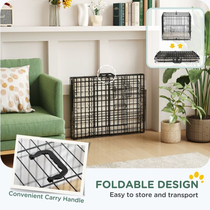 Pawhut Dog Crate With 2 Doors With Tray, Soft Cushion, Foldable Metal Dog Cage For Extra Small Dogs, 60 X 40 X 50, Black