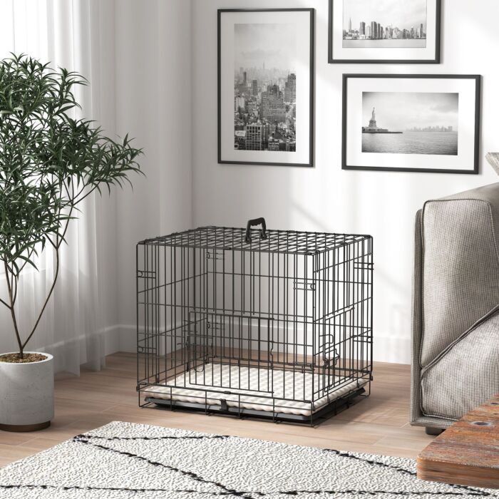 Pawhut Dog Crate With 2 Doors With Tray, Soft Cushion, Foldable Metal Dog Cage For Extra Small Dogs, 60 X 40 X 50, Black