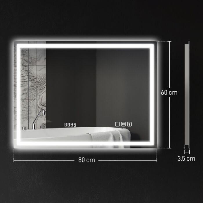 Homcom 60 X 80 Cm Anti-fog Led Bathroom Mirror, With Bluetooth And Clock - Silver Tone