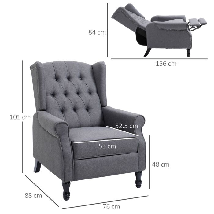 Homcom Recliner Armchair, Reclining Chair, Wingback Chair With Button Tufted Back And Footrest, Light Grey