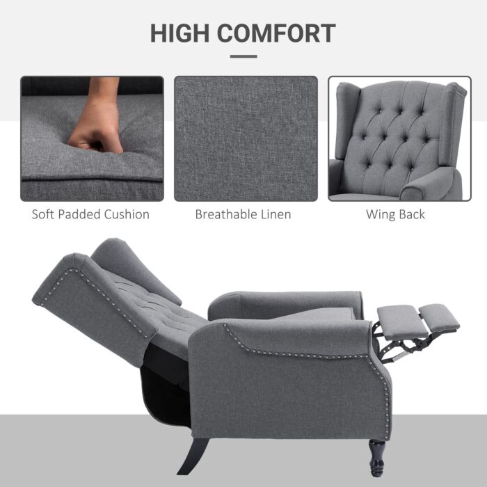 Homcom Recliner Armchair, Reclining Chair, Wingback Chair With Button Tufted Back And Footrest, Light Grey