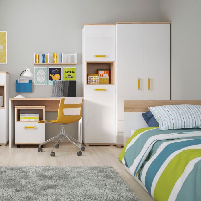 4kids 1 Door Desk Mobile In Light Oak And White High Gloss (orange Handles)