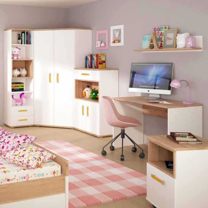 4kids 1 Door Desk Mobile In Light Oak And White High Gloss (orange Handles)