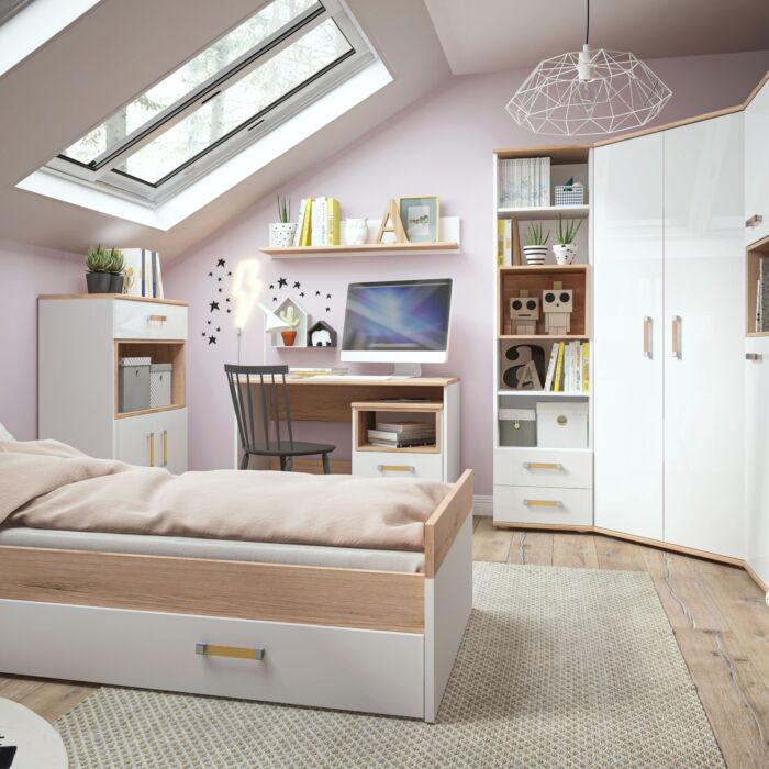 4kids 1 Door Desk Mobile In Light Oak And White High Gloss (orange Handles)