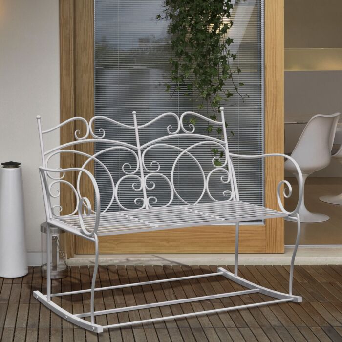 Outsunny Patio 2 Seater Rocking Bench Steel Garden Outdoor Garden Loveseat Chair W/ Decorative Backrest White