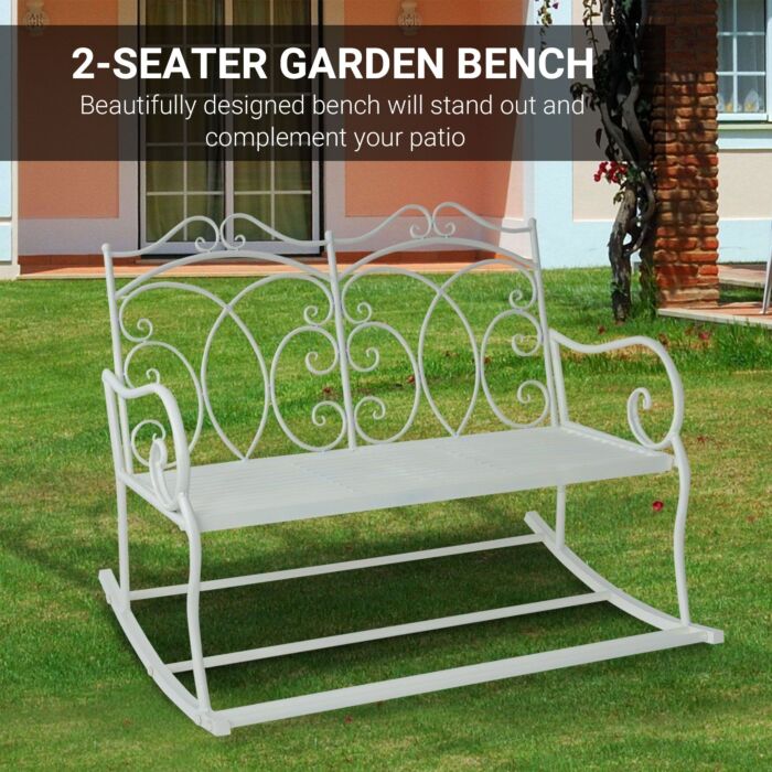 Outsunny Patio 2 Seater Rocking Bench Steel Garden Outdoor Garden Loveseat Chair W/ Decorative Backrest White