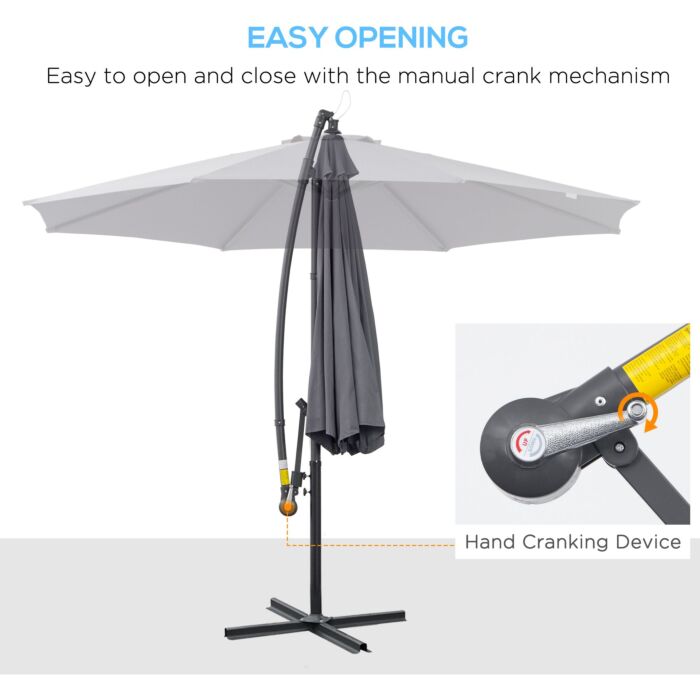 Outsunny 3(m) Garden Banana Parasol Cantilever Umbrella With Crank Handle And Cross Base, 8 Ribs For Outdoor, Hanging Sun Shade, Grey