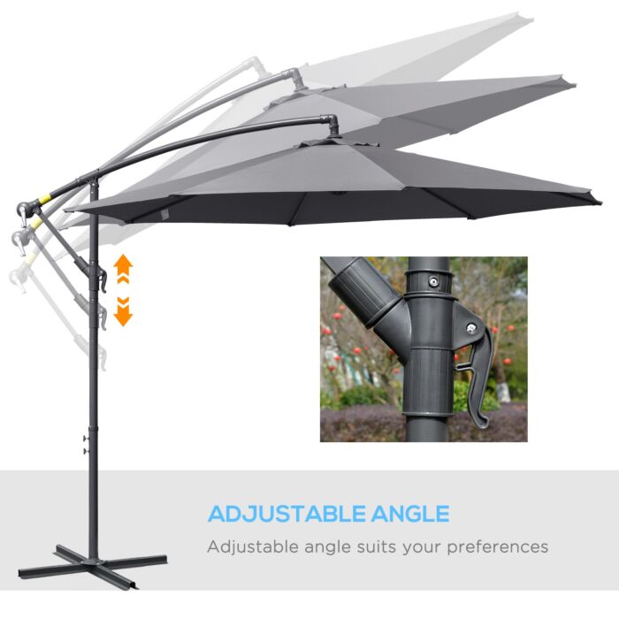 Outsunny 3(m) Garden Banana Parasol Cantilever Umbrella With Crank Handle And Cross Base, 8 Ribs For Outdoor, Hanging Sun Shade, Grey
