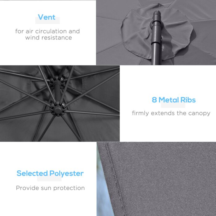 Outsunny 3(m) Garden Banana Parasol Cantilever Umbrella With Crank Handle And Cross Base, 8 Ribs For Outdoor, Hanging Sun Shade, Grey
