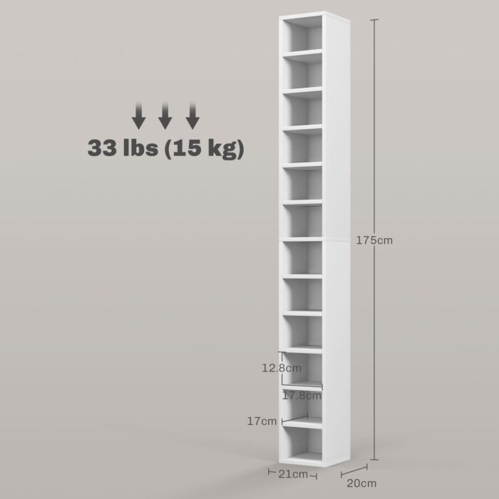 Homcom 204 Cd Storage Unit, Dvd Storage Tower With 12 Cubes, 175cm Tall Bookcase, Study Room, White