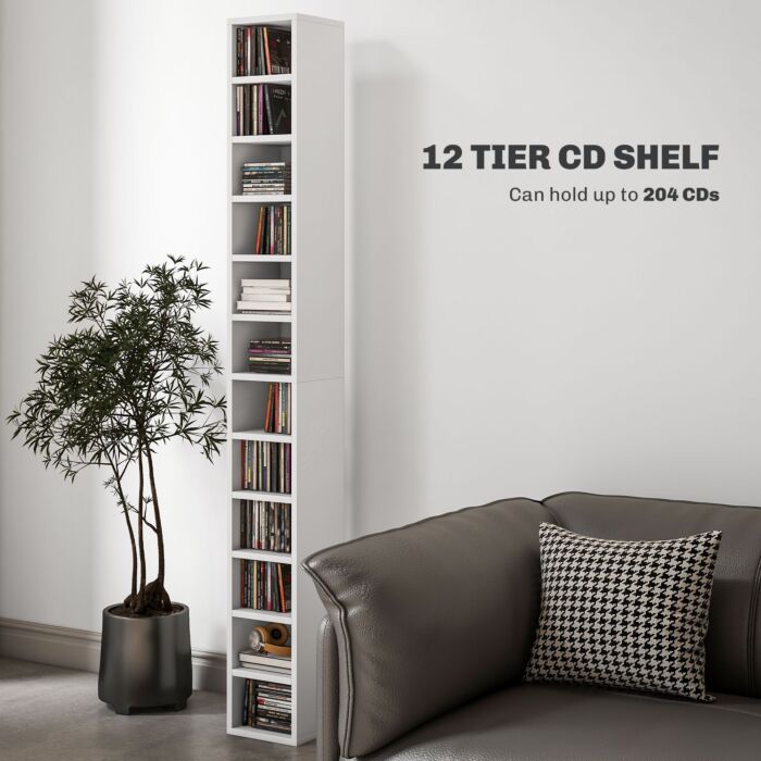 Homcom 204 Cd Storage Unit, Dvd Storage Tower With 12 Cubes, 175cm Tall Bookcase, Study Room, White