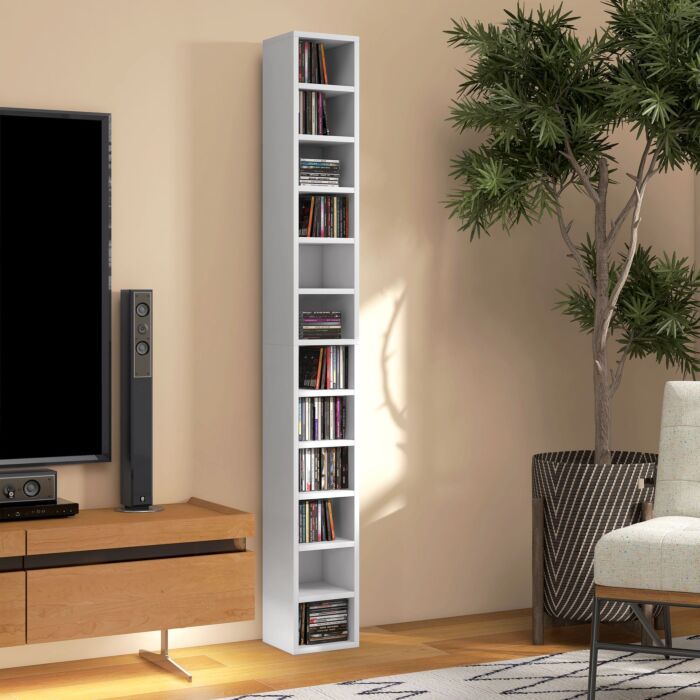 Homcom 204 Cd Storage Unit, Dvd Storage Tower With 12 Cubes, 175cm Tall Bookcase, Study Room, White