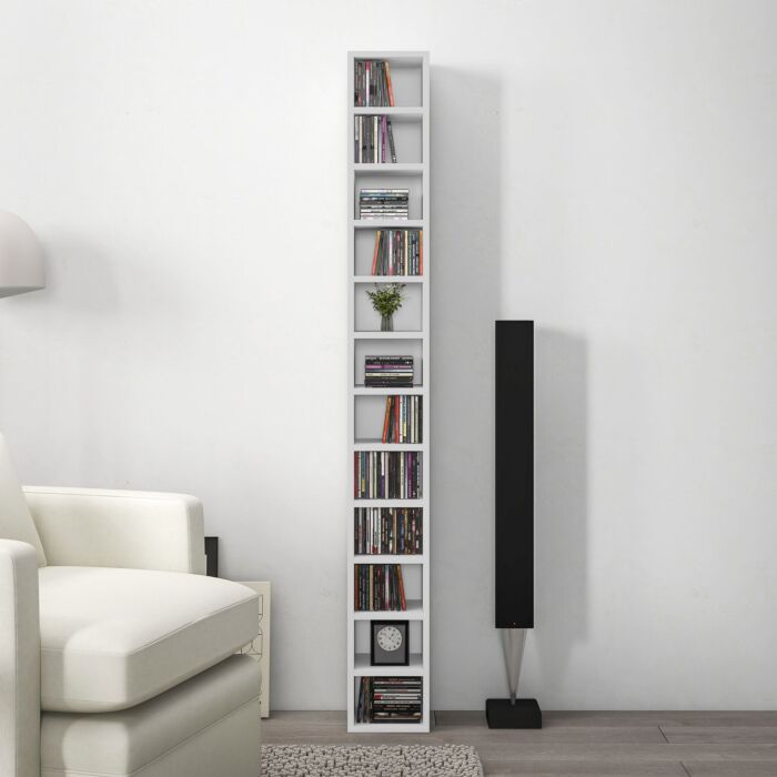 Homcom 204 Cd Storage Unit, Dvd Storage Tower With 12 Cubes, 175cm Tall Bookcase, Study Room, White