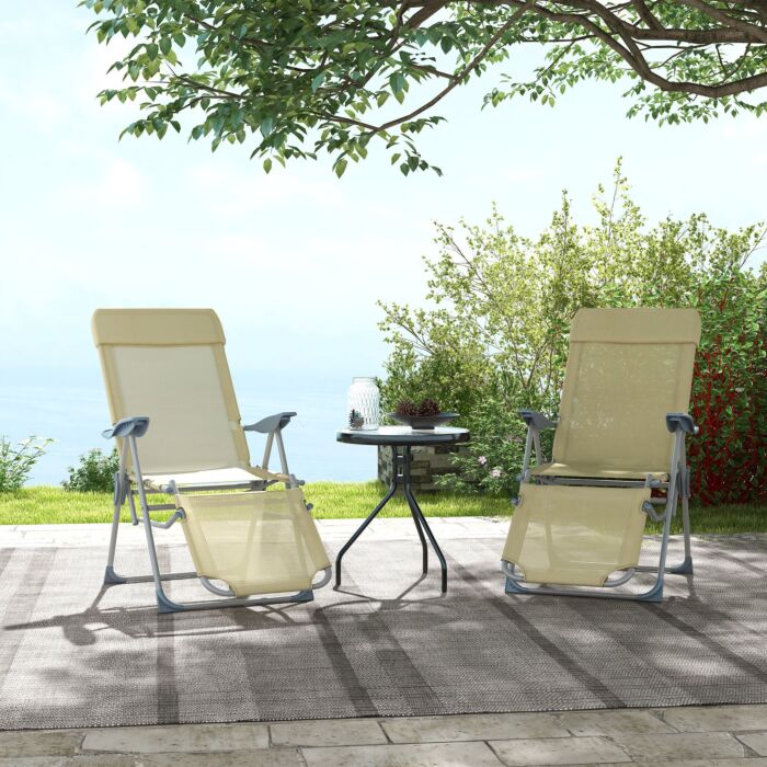 Outsunny Outdoor Sun Lounger Set Of 2, Reclining Garden Chairs W/ Adjustable Footrest, 2 Pcs Recliner W/ 5-level Adjustable Backrest, Headrest, Beige