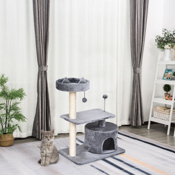 Pawhut Cats 3-tier Sisal Rope Scratching Post W/ Toys Grey