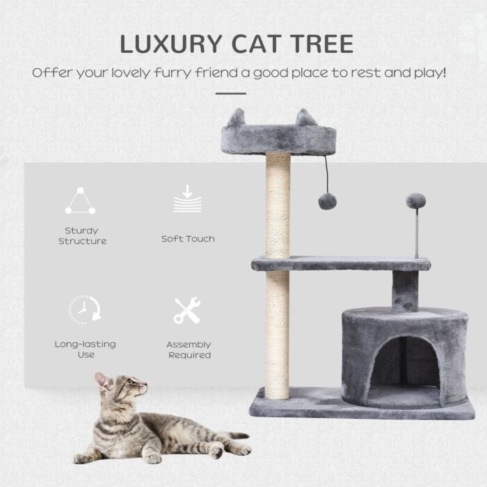 Pawhut Cats 3-tier Sisal Rope Scratching Post W/ Toys Grey