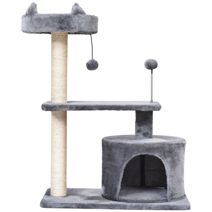 Pawhut Cats 3-tier Sisal Rope Scratching Post W/ Toys Grey
