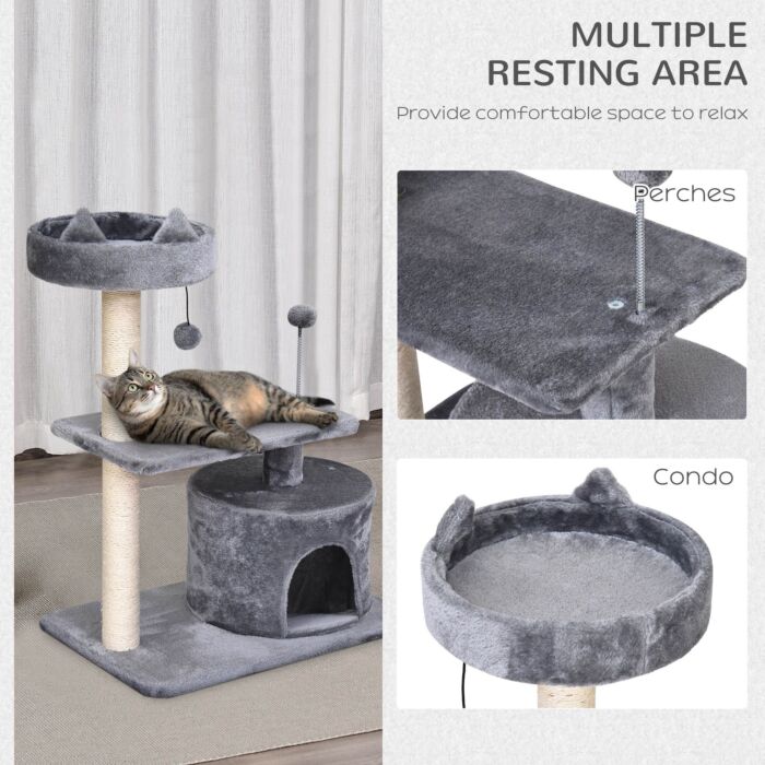 Pawhut Cats 3-tier Sisal Rope Scratching Post W/ Toys Grey