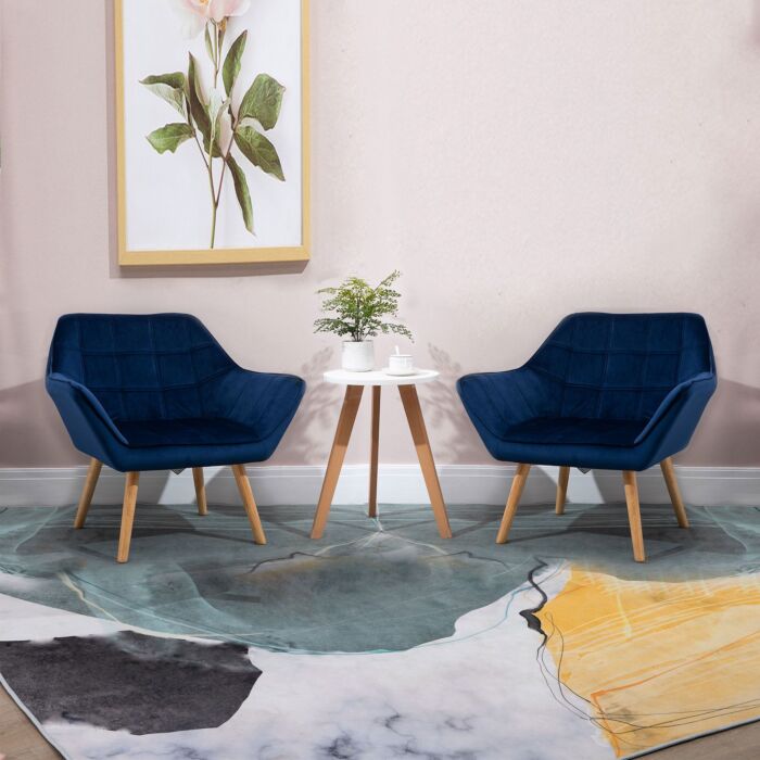 Homcom Armchair Accent Chair Wide Arms Slanted Back Padding Iron Frame Wooden Legs Home Bedroom Furniture Seating Blue
