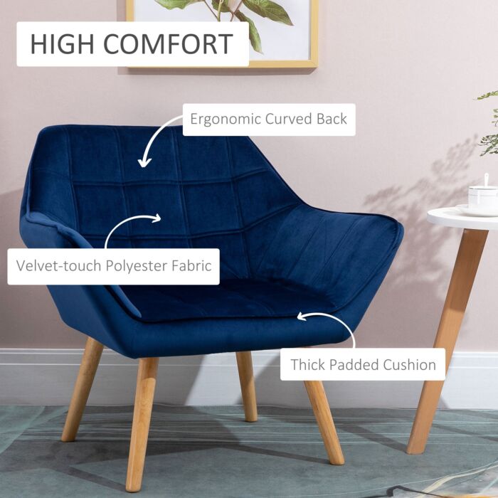 Homcom Armchair Accent Chair Wide Arms Slanted Back Padding Iron Frame Wooden Legs Home Bedroom Furniture Seating Blue