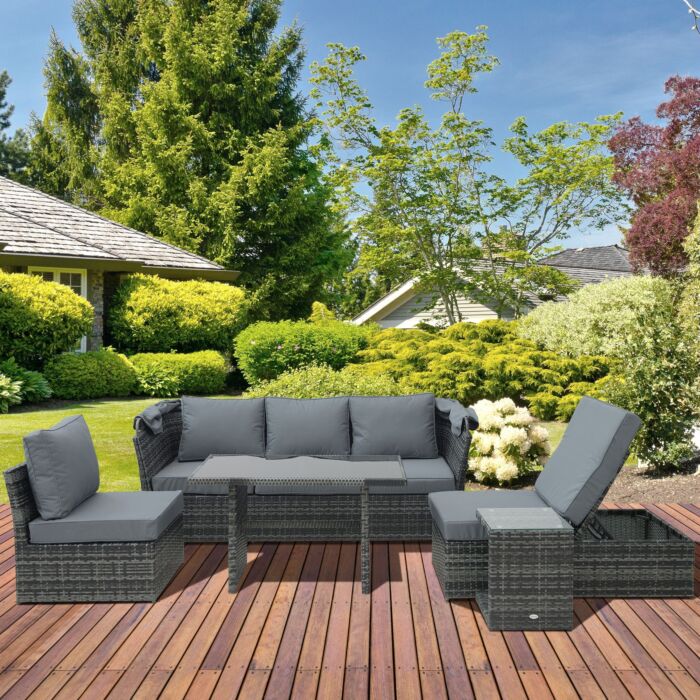 Outsunny 5-seater Outdoor Rattan Garden Sofa Sets Reclining Sofa Adjustable Canopy & Side Dining Table Set, Mixed Grey